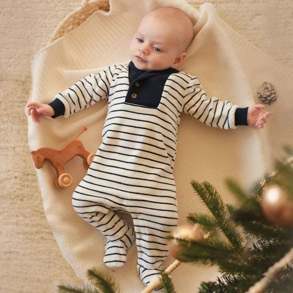 (NWT) FIRSTS by Petit Lem - Velour Stripe Collared Onesie - Navy/White - 0-3m